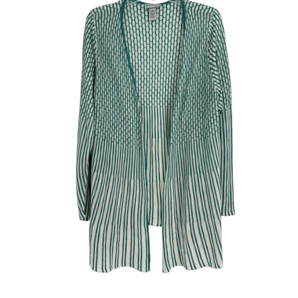 Catherines Open Front Cardigan Sweater Size 0X (14W/16W) Longline Green stripes